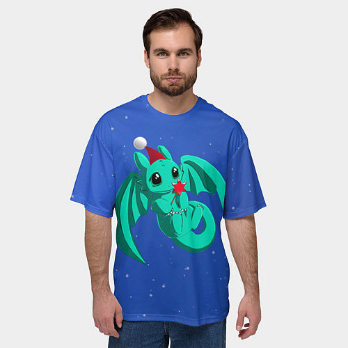 Мужская футболка оверсайз Новогодний дракончик бирюзовый / 3D-принт – фото 3