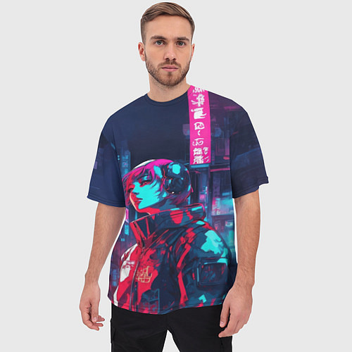Мужская футболка оверсайз Девушка в неоном свете / 3D-принт – фото 3