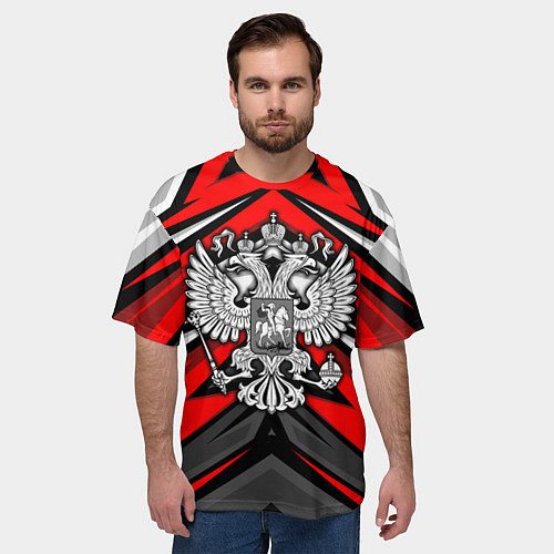 Мужская футболка оверсайз Россия - красная геометрия / 3D-принт – фото 3