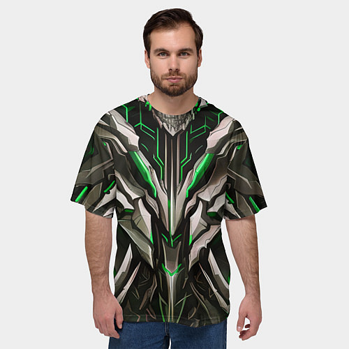 Мужская футболка оверсайз Зелёная кибер броня модерн / 3D-принт – фото 3