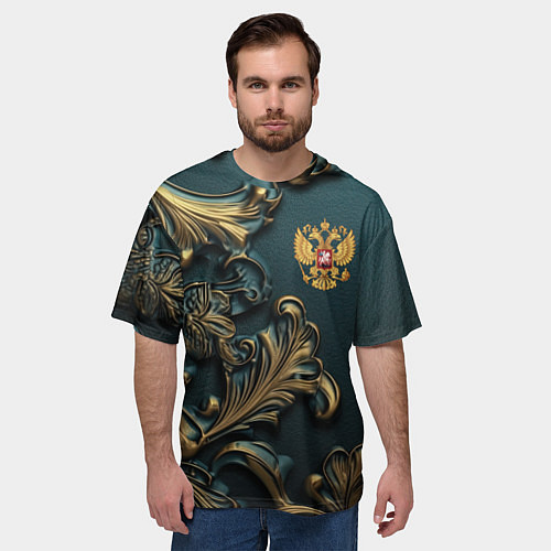 Мужская футболка оверсайз Герб России и бирюзовый фон / 3D-принт – фото 3