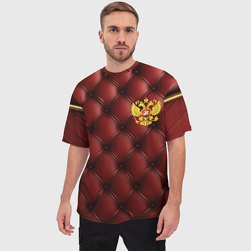 Мужская футболка оверсайз Золотой герб России на красном кожаном фоне / 3D-принт – фото 3