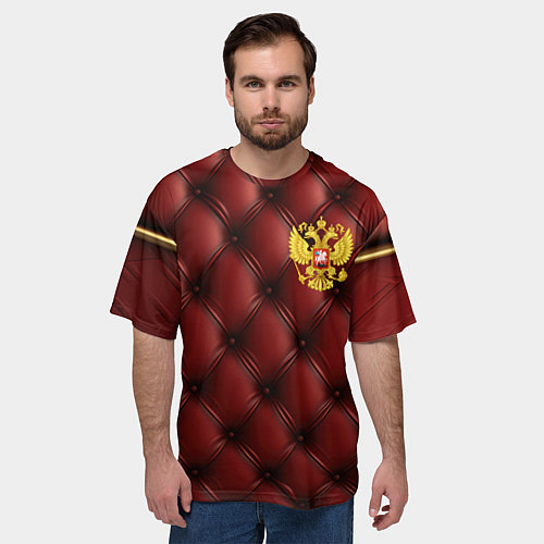 Мужская футболка оверсайз Золотой герб России на красном кожаном фоне / 3D-принт – фото 3