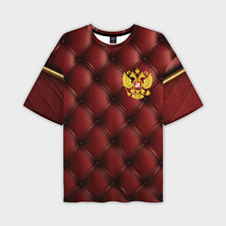 Мужская футболка оверсайз Золотой герб России на красном кожаном фоне
