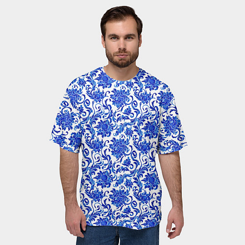 Мужская футболка оверсайз Гжель классика / 3D-принт – фото 3