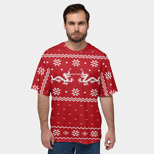 Мужская футболка оверсайз Новогодний свитер с драконами / 3D-принт – фото 3