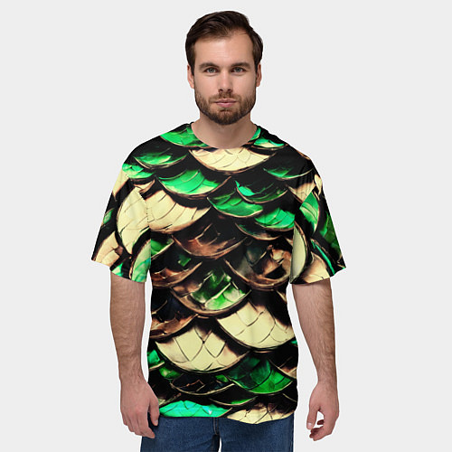 Мужская футболка оверсайз Чешуя зеленого дракона / 3D-принт – фото 3