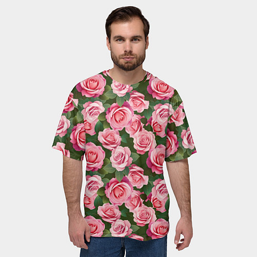 Мужская футболка оверсайз Розовые розы паттерн / 3D-принт – фото 3