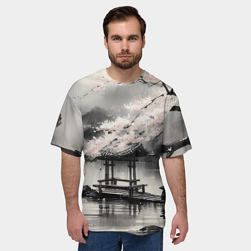 Мужская футболка оверсайз Пейзаж японское озеро / 3D-принт – фото 3