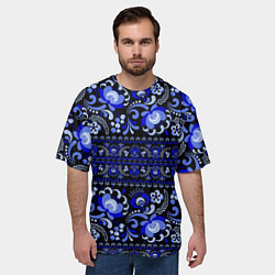 Футболка оверсайз мужская Новогодняя гжельская роспись цветами на чёрном фон, цвет: 3D-принт — фото 2