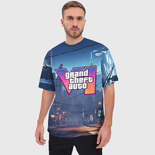 Мужская футболка оверсайз GTA 6 ночной город / 3D-принт – фото 3