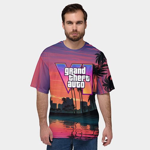 Мужская футболка оверсайз GTA 6 лого на фоне заката / 3D-принт – фото 3