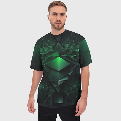 Мужская футболка оверсайз Зеленая и черная абстракция геометрическая / 3D-принт – фото 3