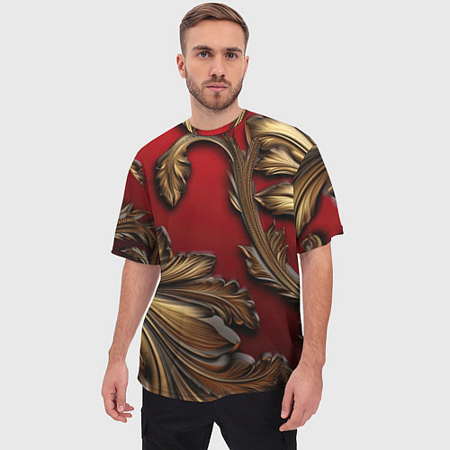 Мужская футболка оверсайз Золотые объемные листья на красном фоне / 3D-принт – фото 3