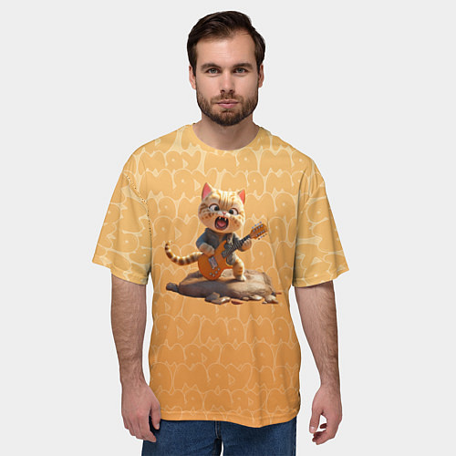Мужская футболка оверсайз Рыжий кот с гитарой / 3D-принт – фото 3