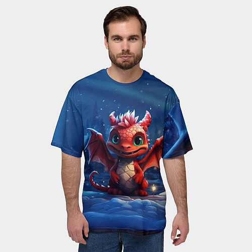 Мужская футболка оверсайз Красный маленький дракон / 3D-принт – фото 3