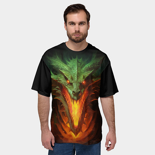 Мужская футболка оверсайз Зеленый огнедышащий дракон / 3D-принт – фото 3