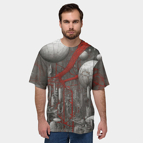 Мужская футболка оверсайз Биотехнический городской пейзаж / 3D-принт – фото 3