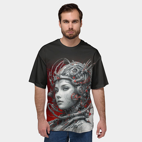 Мужская футболка оверсайз Девушка в кибернетическом шлеме / 3D-принт – фото 3