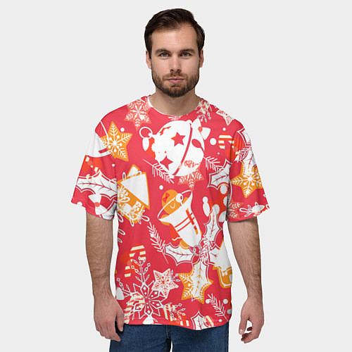 Мужская футболка оверсайз Рождественские узоры колокольчики / 3D-принт – фото 3