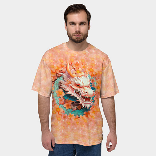 Мужская футболка оверсайз Китайский дракон в розовых цветах / 3D-принт – фото 3