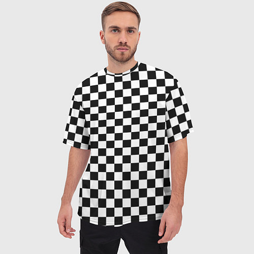 Мужская футболка оверсайз Шахматное поле чёрно-белый / 3D-принт – фото 3