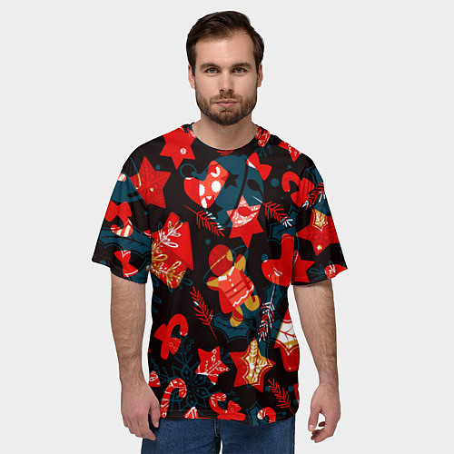 Мужская футболка оверсайз Рождественские узоры красные / 3D-принт – фото 3