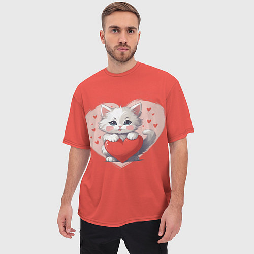 Мужская футболка оверсайз Мультяшный котенок держит красное сердечко / 3D-принт – фото 3