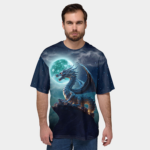 Мужская футболка оверсайз Дракон на скале на фоне луны / 3D-принт – фото 3