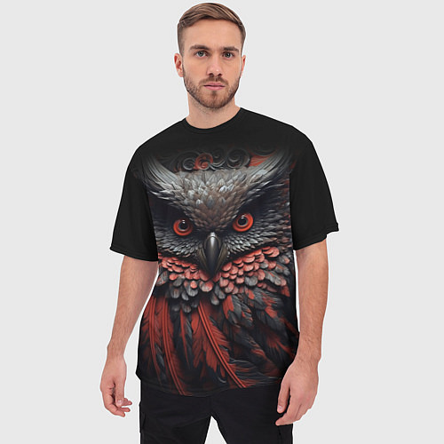 Мужская футболка оверсайз Черная сова с красными крыльями / 3D-принт – фото 3