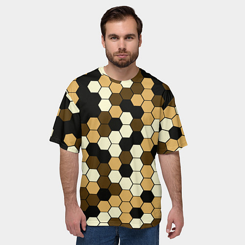 Мужская футболка оверсайз Камуфляж гексагон коричневый / 3D-принт – фото 3