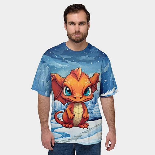 Мужская футболка оверсайз Оранжевый строгий дракон / 3D-принт – фото 3