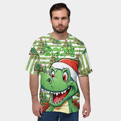 Мужская футболка оверсайз Зеленый радостный дракон новогодний / 3D-принт – фото 3