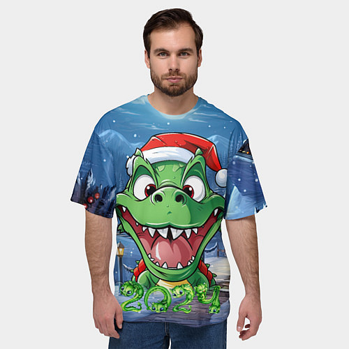 Мужская футболка оверсайз Зеленый новогодний счастливый дракон новогодний 20 / 3D-принт – фото 3