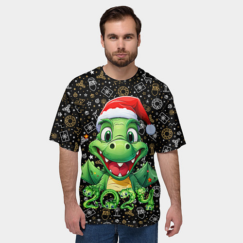 Мужская футболка оверсайз Зеленый дракон на черном фоне 2024 / 3D-принт – фото 3