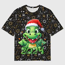 Футболка оверсайз мужская Зеленый дракон на черном фоне 2024, цвет: 3D-принт