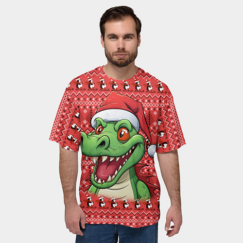 Мужская футболка оверсайз Зеленый дракон на красном новогоднем фоне / 3D-принт – фото 3