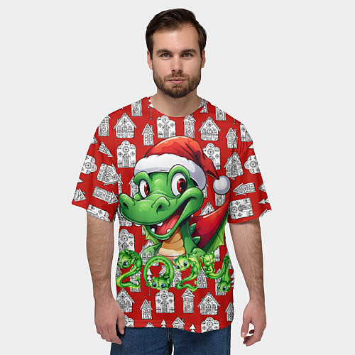 Мужская футболка оверсайз Зеленый дракон на рождественском фоне / 3D-принт – фото 3
