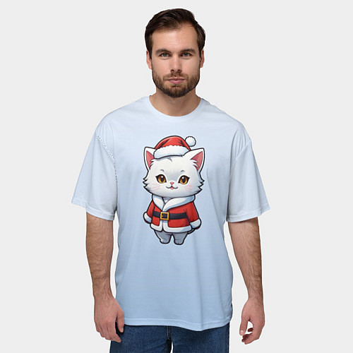 Мужская футболка оверсайз Кот Дед мороз белый / 3D-принт – фото 3