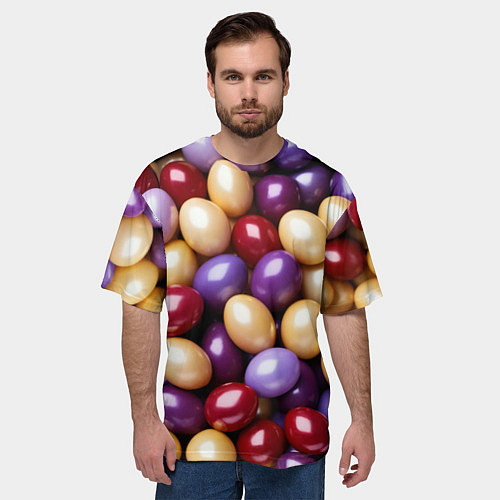 Мужская футболка оверсайз Красные и фиолетовые пасхальные яйца / 3D-принт – фото 3