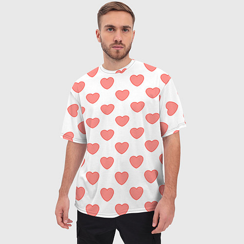 Мужская футболка оверсайз Розовые сердца фон / 3D-принт – фото 3