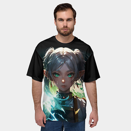 Мужская футболка оверсайз Аниме фрирен - зеленое свечение / 3D-принт – фото 3