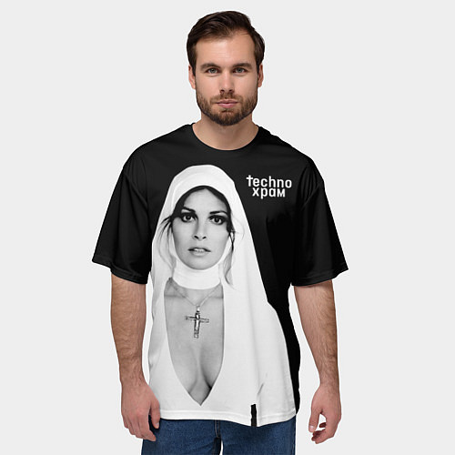 Мужская футболка оверсайз Techno храм монашка с откровенным декольте / 3D-принт – фото 3