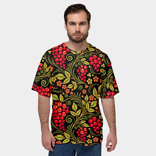 Мужская футболка оверсайз Хохломская роспись красные ягоды / 3D-принт – фото 3