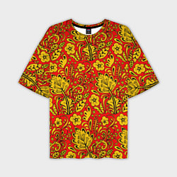 Футболка оверсайз мужская Хохломская роспись золотистые цветы на красном фон, цвет: 3D-принт