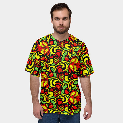 Мужская футболка оверсайз Хохломская роспись красные цветы и ягоды / 3D-принт – фото 3