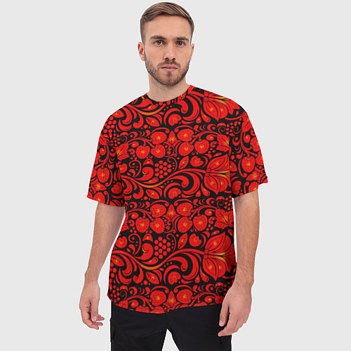 Мужская футболка оверсайз Хохломская роспись красные цветы и ягоды на чёрном / 3D-принт – фото 3