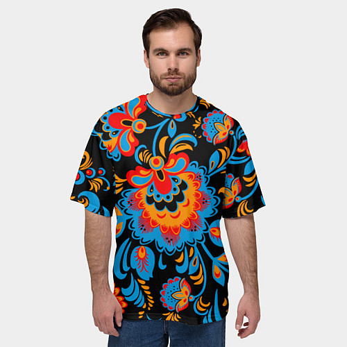 Мужская футболка оверсайз Хохломская роспись разноцветные цветы на чёроном ф / 3D-принт – фото 3