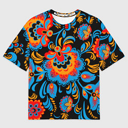 Футболка оверсайз мужская Хохломская роспись разноцветные цветы на чёроном ф, цвет: 3D-принт