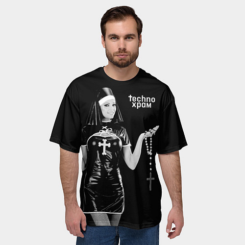 Мужская футболка оверсайз Techno храм монашка секси в латексе / 3D-принт – фото 3